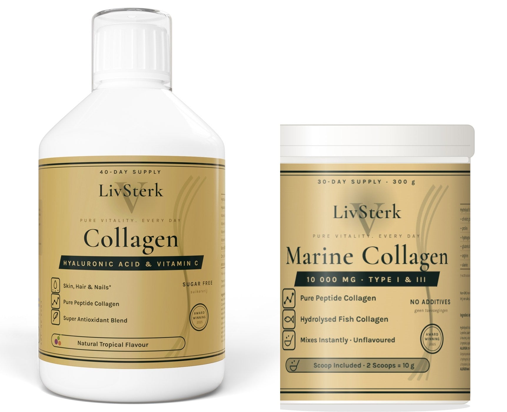 LivSterk Collageen & Hyaluronzuur (500 ml fles) en Marine Collageen Poeder (300 g pot) naast elkaar